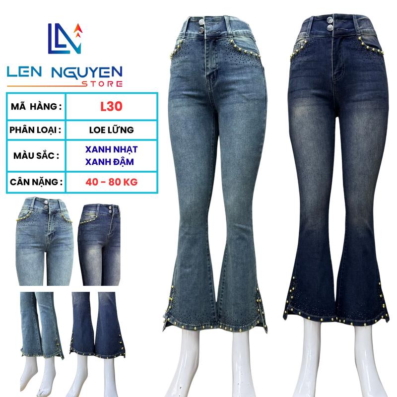  L30   Len Nguyen Store   Quần Jean  Bò  Nữ Loe  Lững Lưng Cao 2 Nút Dài 90-92cm Màu Xám Xanh Size 40kg-80kg Thiết Kế Túi Kiểu Co Giãn Mền Mịn Bigsize Hotgirl Skinny Ống Ôm Trẻ Trung Tự Tin Dễ Phối Đồ. Women Denim Pants 