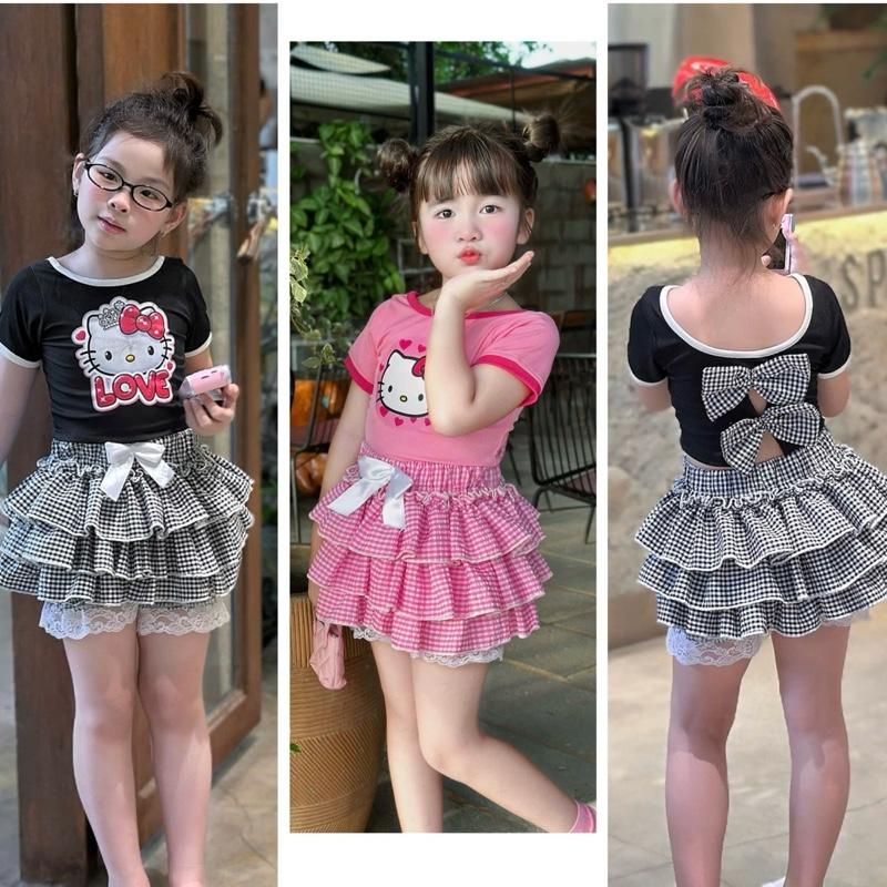  Bộ quần váy 3 tầng + áo ba lỗ phối nơ sau lưng cho bé gái 