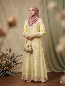 [UC24] Gamis Wanita Panjang Full Printing Motif Floral Classic Butter Yellow Desain Mewah & Elegan Premium Look Bahan Silk Premium Halus & Lembut