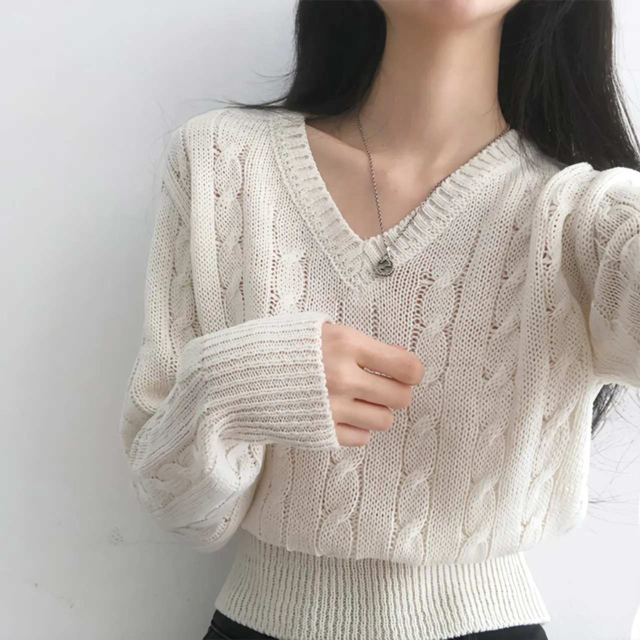 Jinseo Sweater Rajut Cable Crop Top Knitwear Wanita