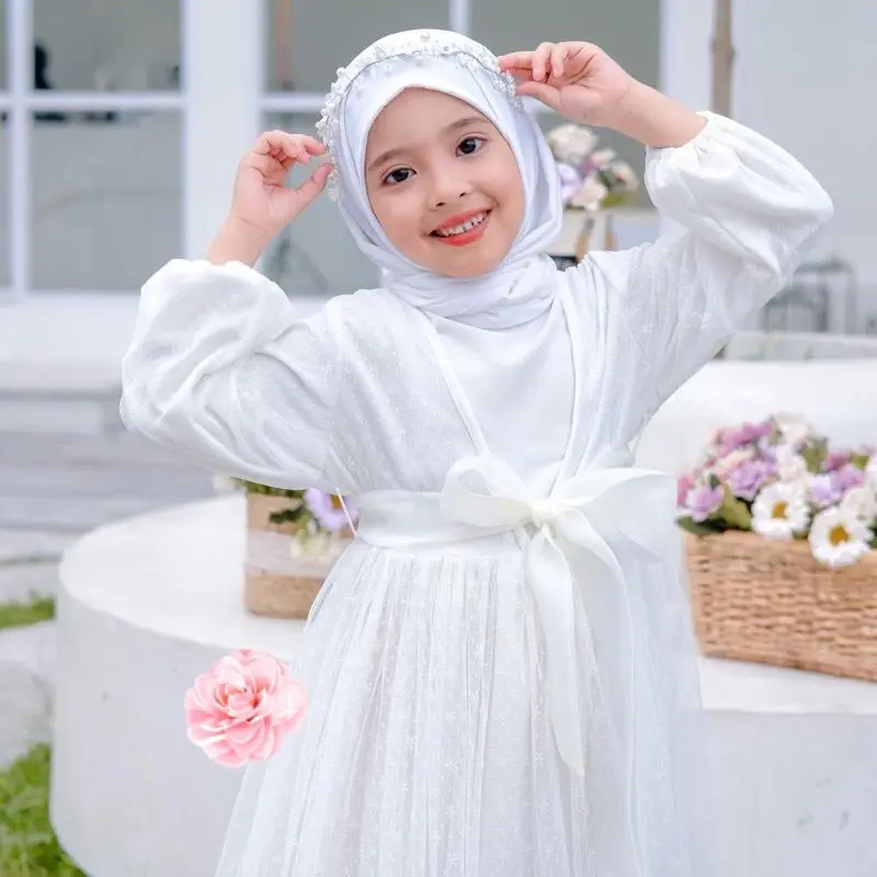 Gamis anak perempuan muslim mewah terbaru gaun putih mutiara panjang tile lebaran Ladys Kid Pita Baju Dress 8