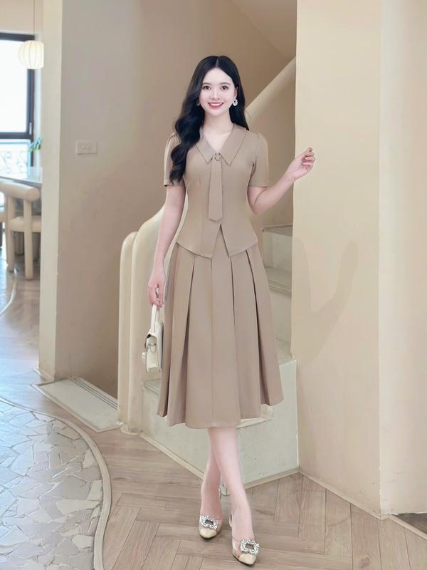 Áo peplum nữ (KHÔNG KÈM VÁY) thiết kế Nhật Vy cổ V phối cà vạt tay ngắn bigsize chất lụa công sở văn phòng dự tiệc quà tặng vợ mẹ màu xanh đen nâu - D3317