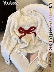 Suéter Elegante de Punto con Moño para Mujer, Moda Dulce de Otoño Invierno, Top de Suéter Casual Grueso, Diseño Único, Ropa de Abrigo Versátil