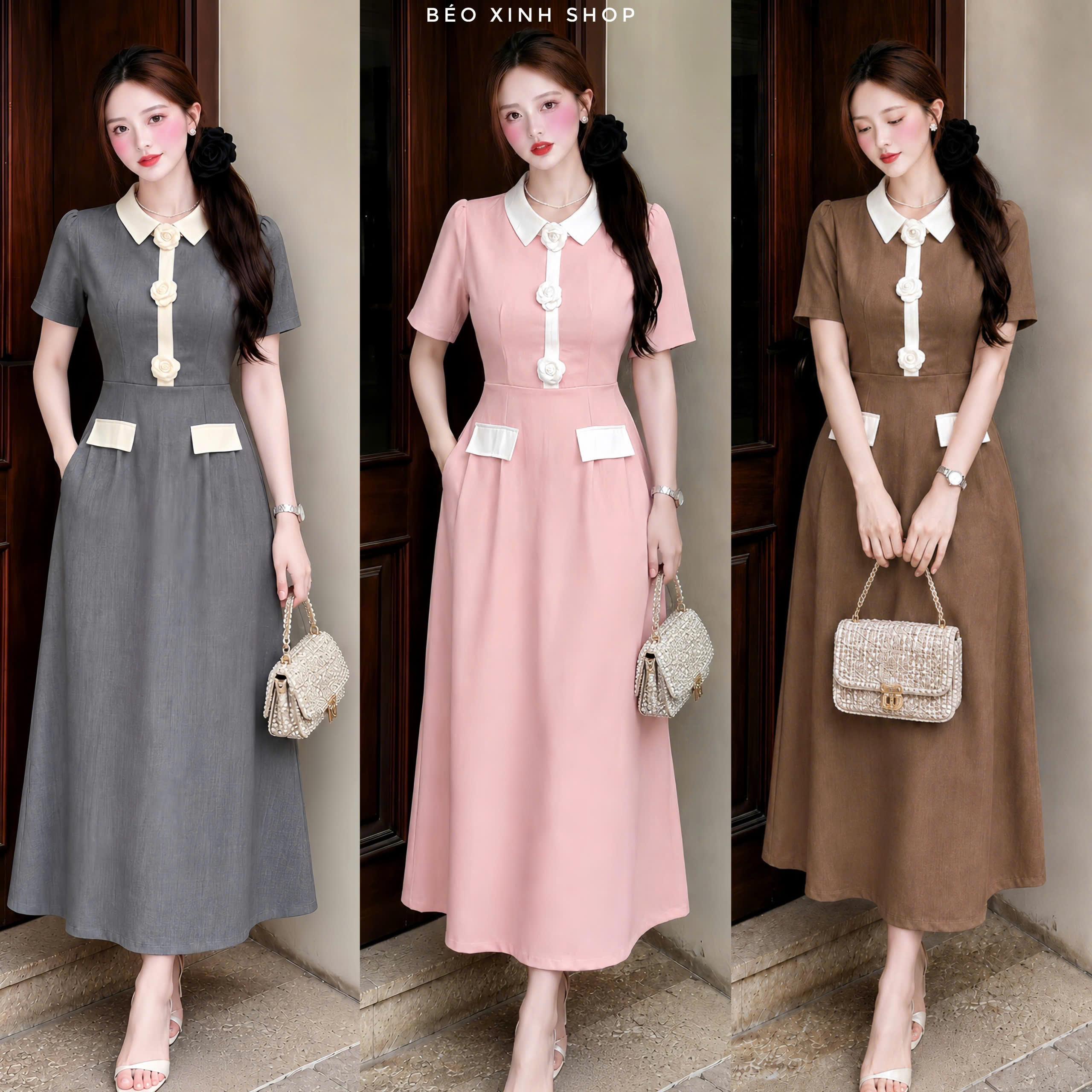 Đầm Linen Pháp Nữ Có Bigsize Cổ Phối Hoa – Form Dài Thanh Lịch 40–90kg Béo Xinh Shop - A.1880