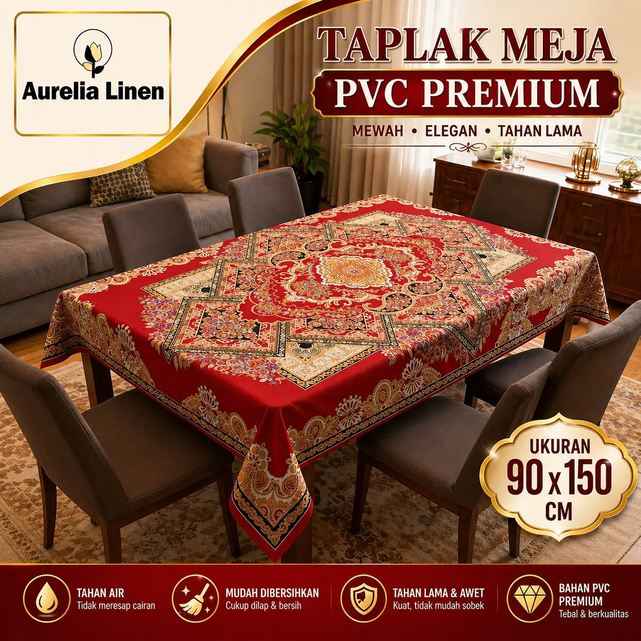 Taplak Meja Anti Air Uk 90x150cm PVC Metalic Taplak Meja Tamu Premium Motif Printed Embos Anti Air A-A