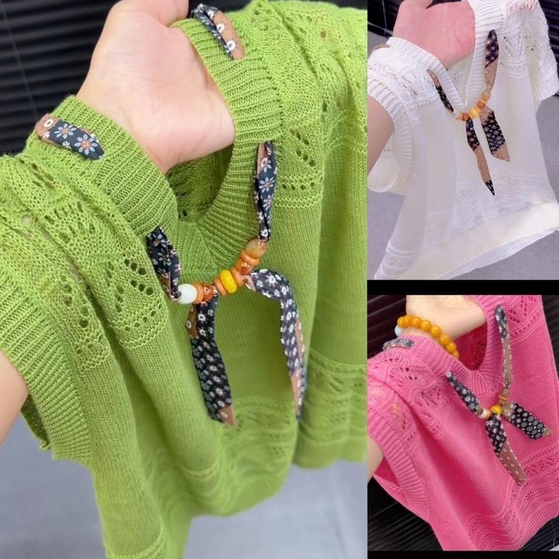 Áo thun dệt kim mỏng mùa hè mới, cổ chữ V, tay ngắn, có dây ruy băn