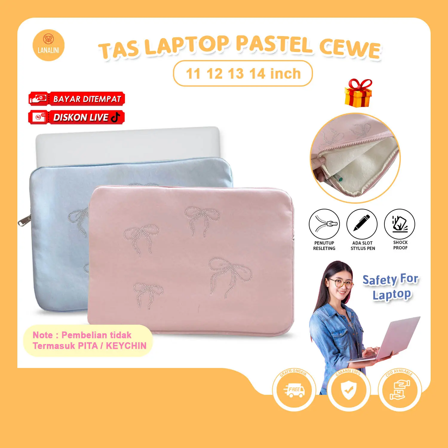 Tas Tempat Laptop Tablet Motif Pita Aesthetic Tebal 7 8 9 10 11 12 13 14 inch Tas Pouch Sarung Tahan Guncangan Polos Velvet Satin Simpel Cewek Wanita Pria Polos Warna Pink Biru Karakter