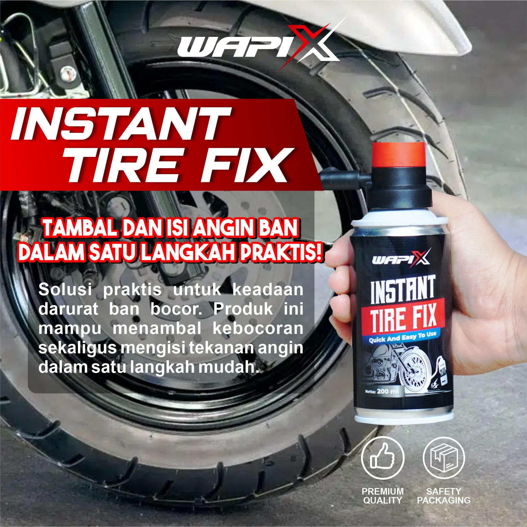 WAPIX - INSTANT TIRE FIX - Tambal Ban Darurat Cairan Anti Bocor Ban Tubeless karet  tambal Alat Tambal motor