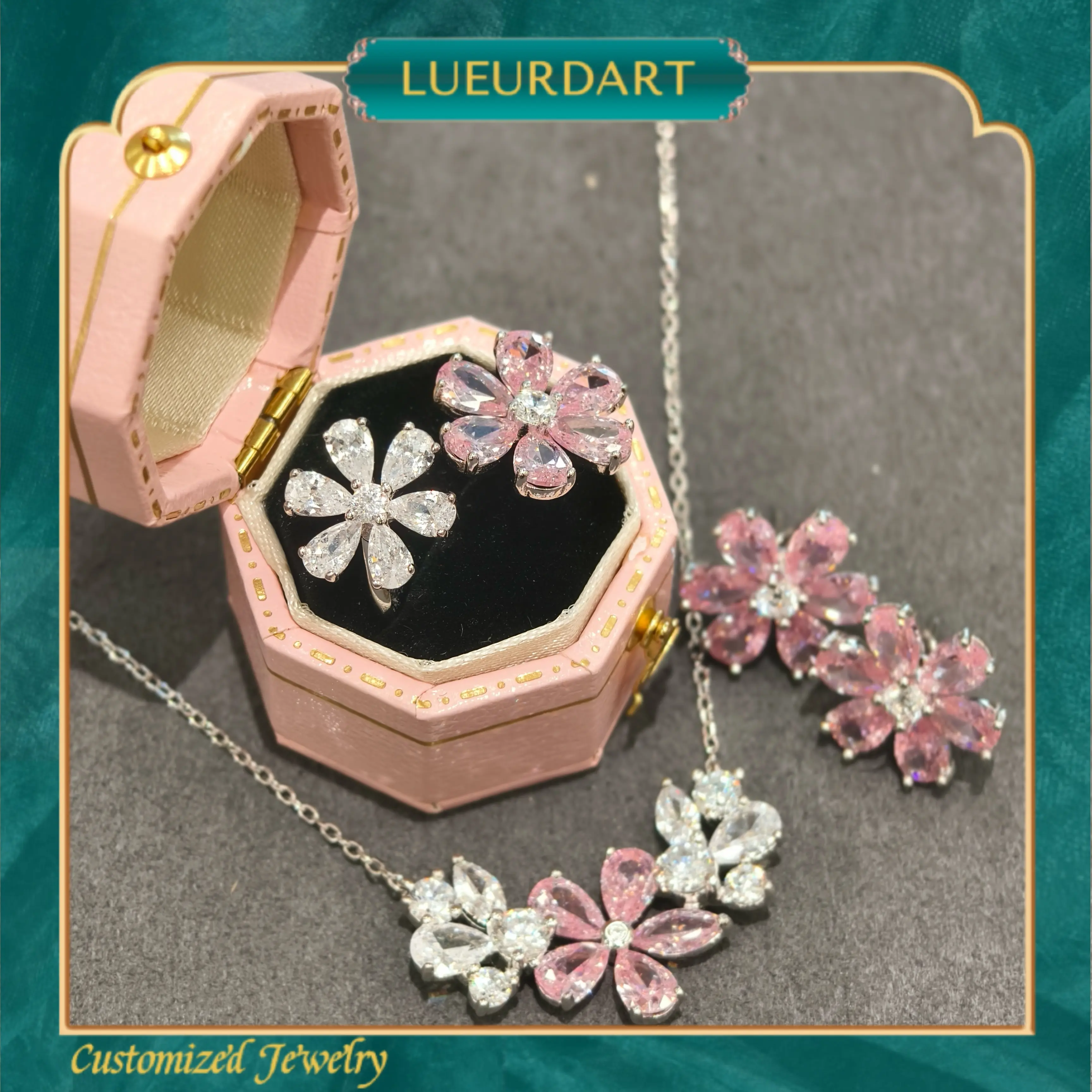 Pink flower design simple matching necklace ring earrings set s925 Silver