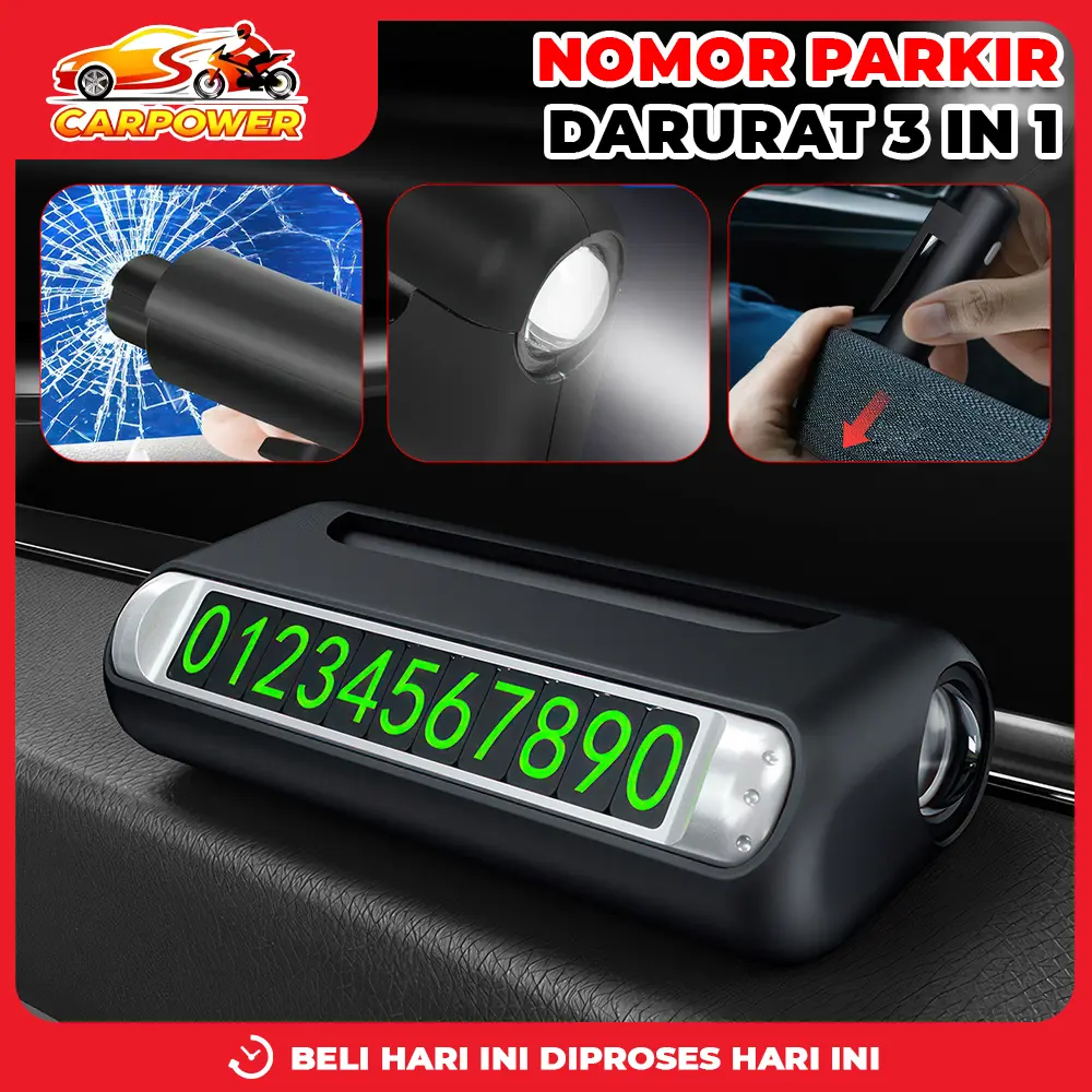Nomor Telepon Parkir Mobil 3in1 Emergency Parking Number Card Hammer Kaca LED