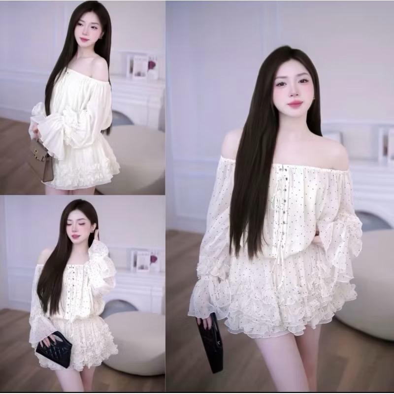 SET ÁO TRễ VAI ĐAN DÂY VIỀN BÈO PHỐI CHÂN VÁY TẦNG TIỂU THƯ SANG CHẢNH