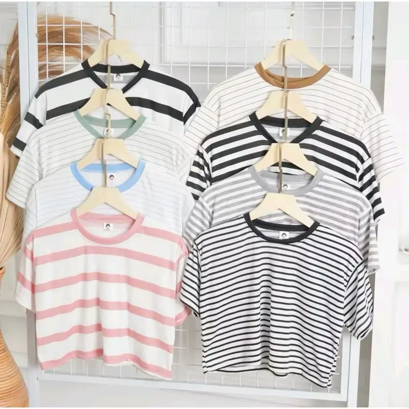 kaos cewek aesthetic | kaos oversize salur cewek, atasan cewek cute Baju Crop 2
