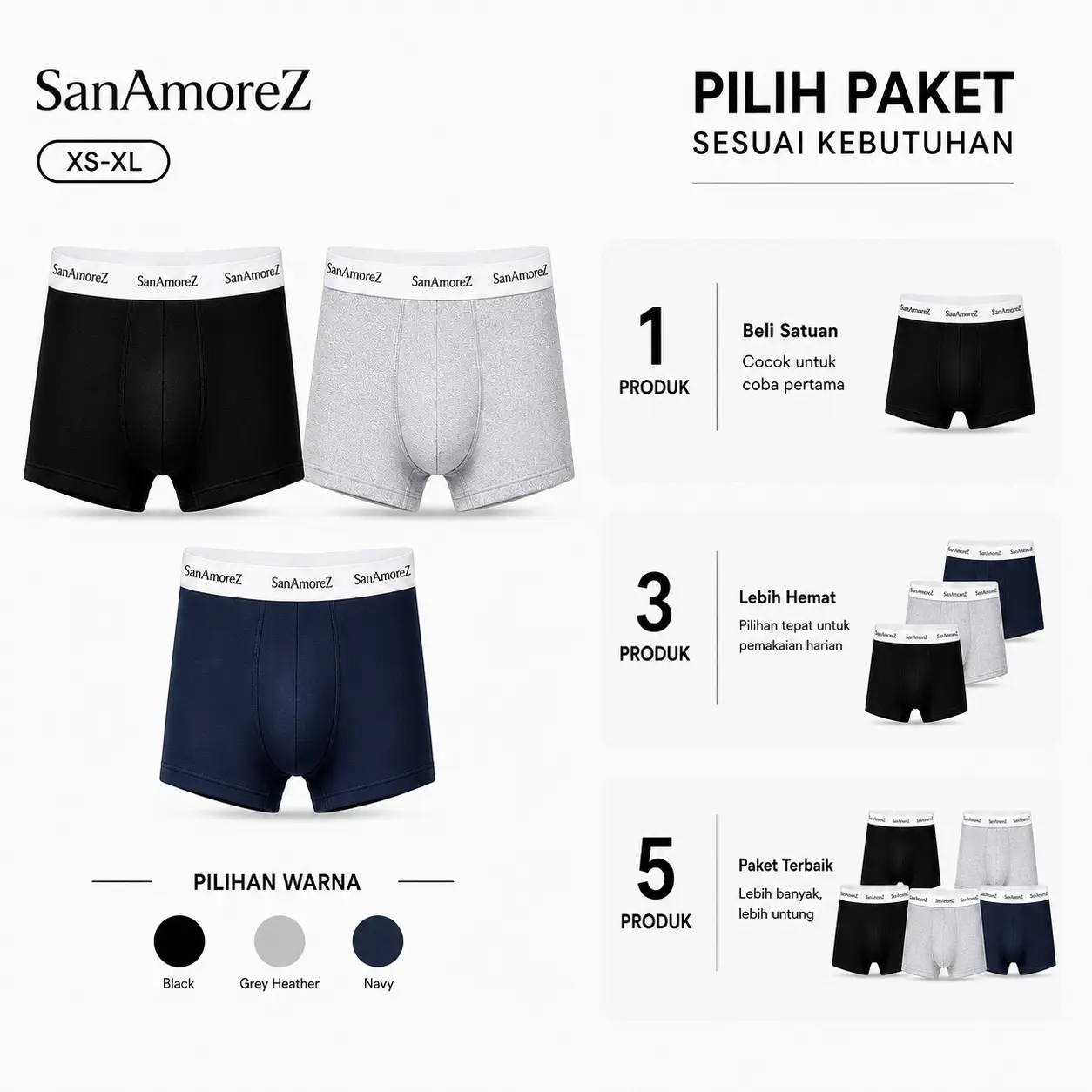 SanAmoreZ | Men's Elastic Modern Boxer / Celana Dalam Boxer Elastis Modern Pria - Cotton | Size XS - XL | 3 in 1 - Men's Underwear | Damar Boxer Men