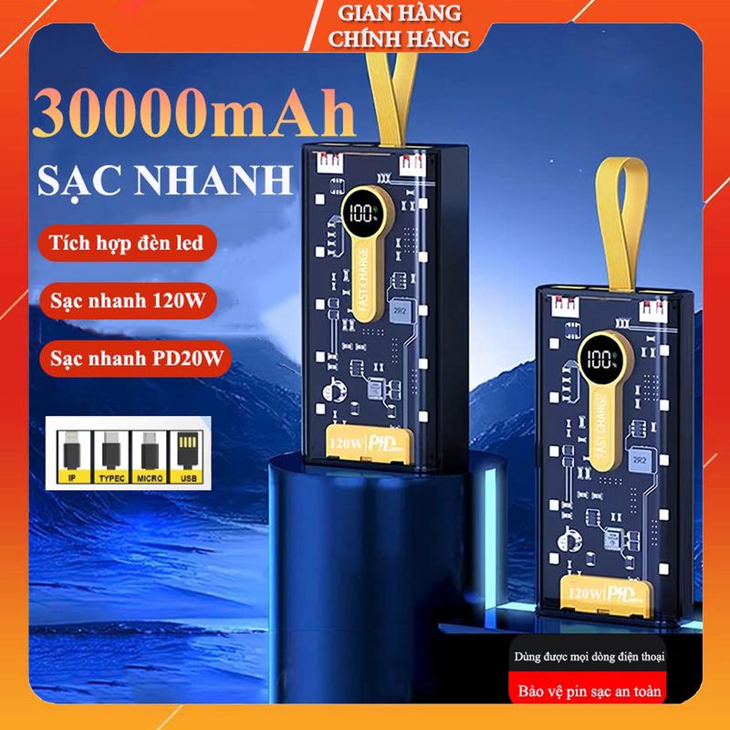Sạc Dự Phòng 30000mAh Trong Suốt - Sạc Nhanh 22.5W & PD 20W, Kèm Nhiều Đầu Sạc Tiện Lợi & Đa Dụng, Màn Hình LED Hiển Thị