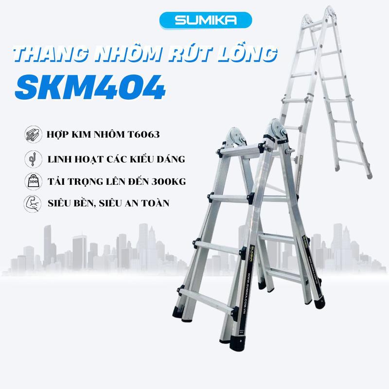 Thang Nhôm Rút Lồng SUMIKA SKM404, Chữ A Cao 2M, Chữ I Cao 4M, Hợp Kim Nhôm T6063, Tải Trọng 300kg