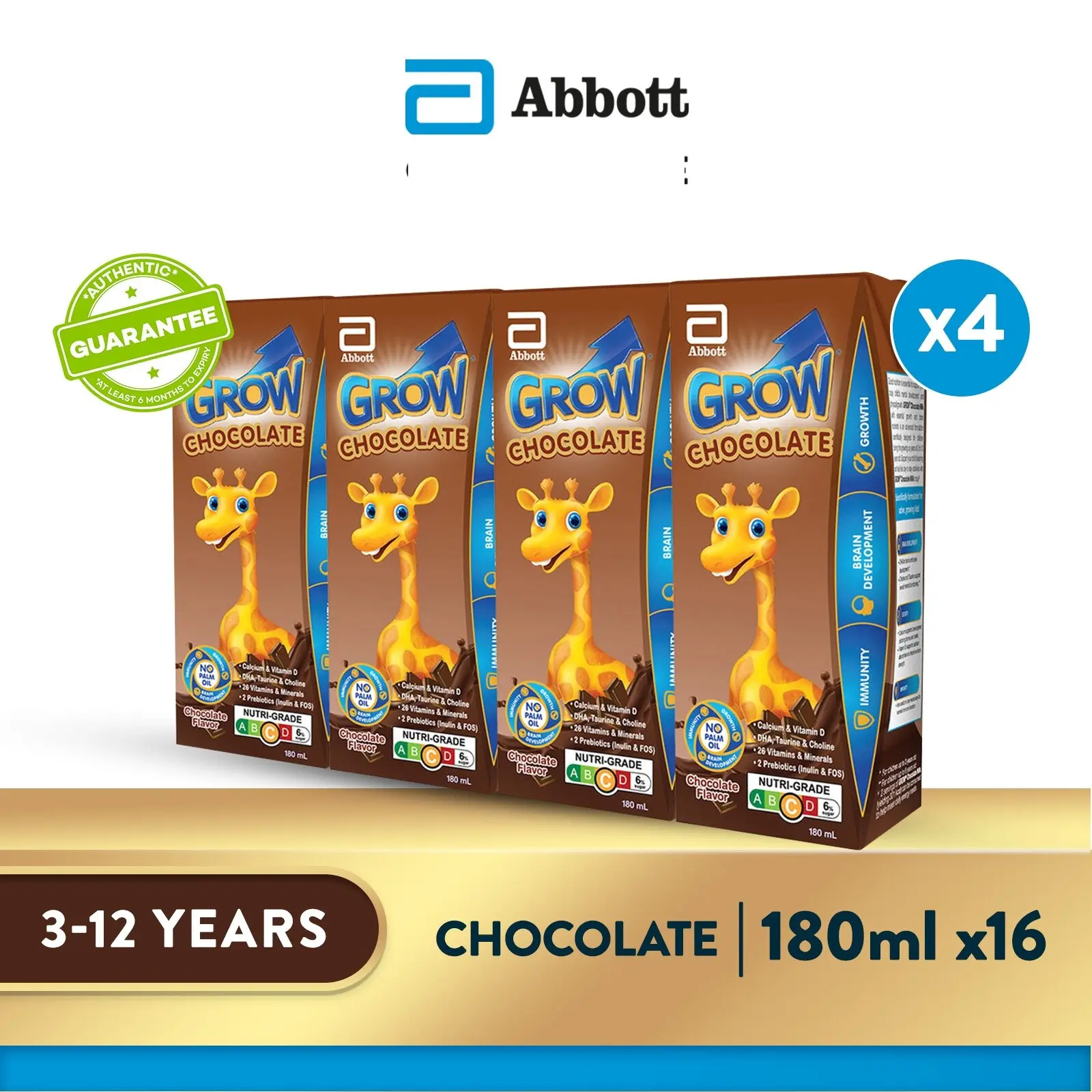 [Bundle of 4] GROW Growing Up Milk for Kids - Ready-To-Drink Chocolate (3 - 12 years) - 4x180ml