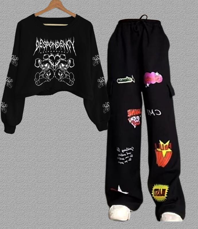 ONE SET DESPONDENCY SWEATER CROP+ CARGO BLAST WANITA SET TERBARU Crop Top Lengan Tangan Panjang Motif Sablon Keren Stylish Modern Celana Setelan Cewek Bahan Flecee Linen Topi 2
