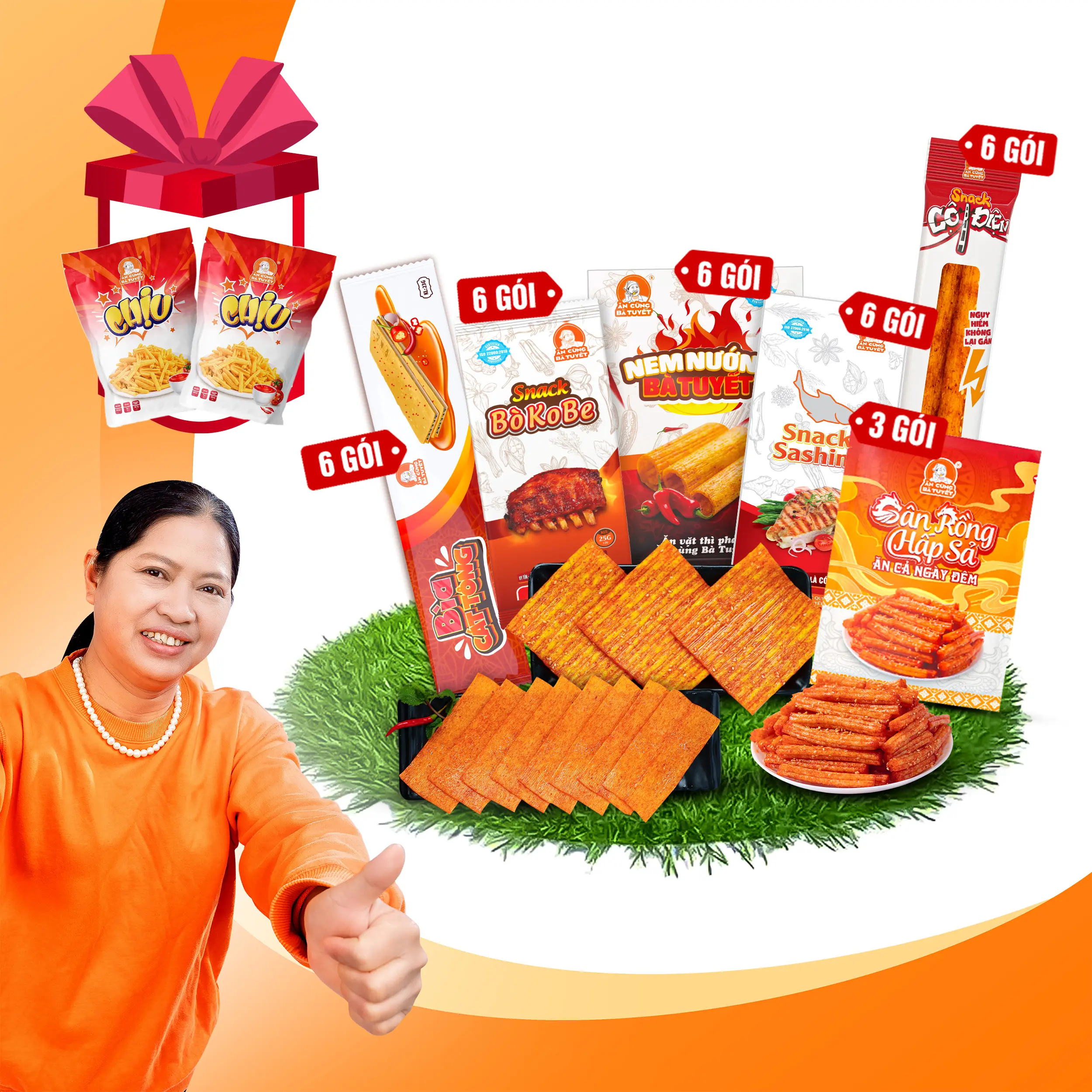 [ Tặng 2 Gói Chịu] Combo Chiến Binh Tận Thế Gồm: 6 Gói Snack Nem Nướng+6 Gói Snack Sashimi+ 6 Gói Snack Bò Kobe +6 Gói Snack Bìa Cát Tông +6 Gói Cột Điện +3 Gói Snack Gân Rồng - Đồ Ăn Vặt Snack Ăn Cùng Bà Tuyết