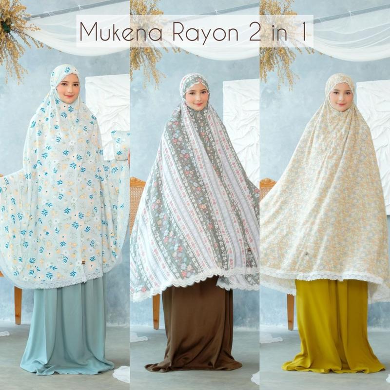 Mukena Rayon Premium Model 2in1 Ramadhan 2025 Bunga Katun Motif Dewasa Traveling Muslimah - Sajadah & Pouch Cantik - Panjang, Bawahan, Atasan 2