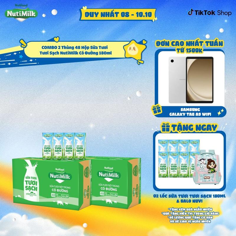 COMBO 2 Thùng 48 Hộp Sữa Tươi Tươi Sạch NutiMilk Có Đường 180ml