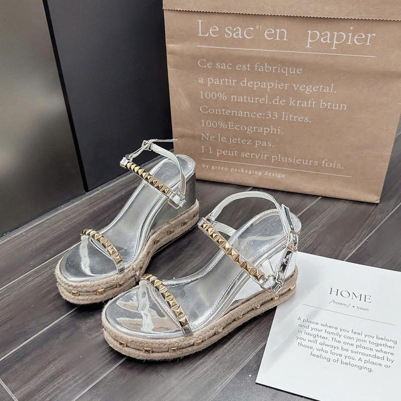 Sandal đế xuồng viền cối si bóng đính đá nút cao 9 cm - BMC15