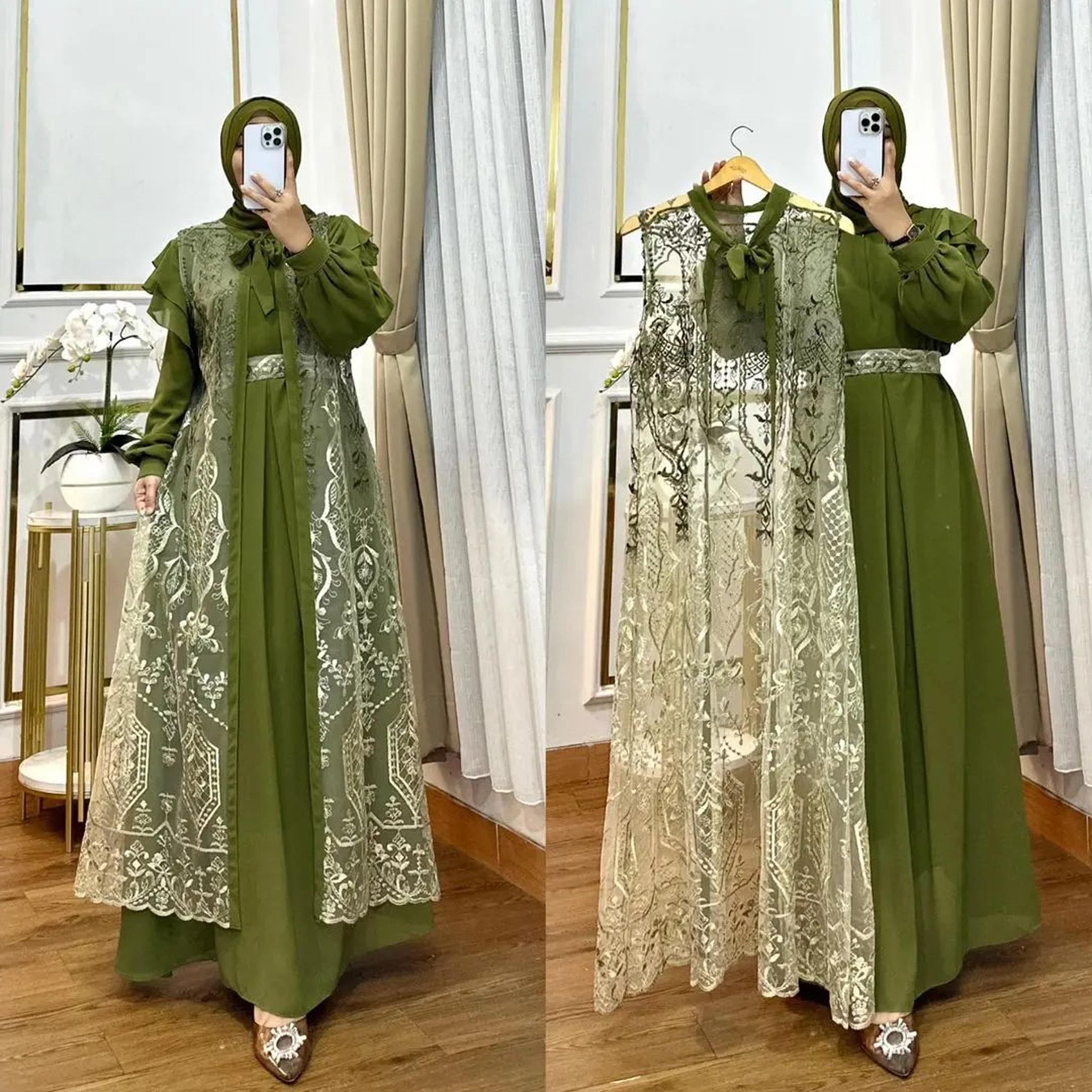 Setelan Dress + Outer Wanita Nashita Dress Bahan Ceruty Babydoll Aksen Brukat Gamis Muslimah
