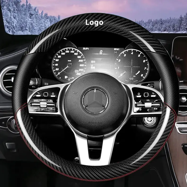 38cm Carbon Fiber Car Steering Wheel Cover Leather Non-slip Emblem Accessories for Mercedes Benz
