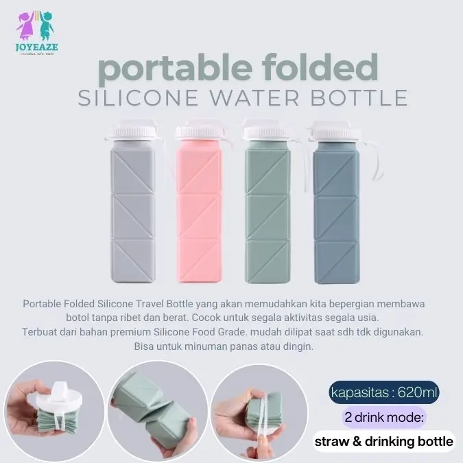 Joyeaze Portable Folded Silicone Water Bottle Straw & Drinking Bottle 620ml / Botol Minum Lipat Silikon Olahraga Umroh Naik haji Camping traveling Air 0