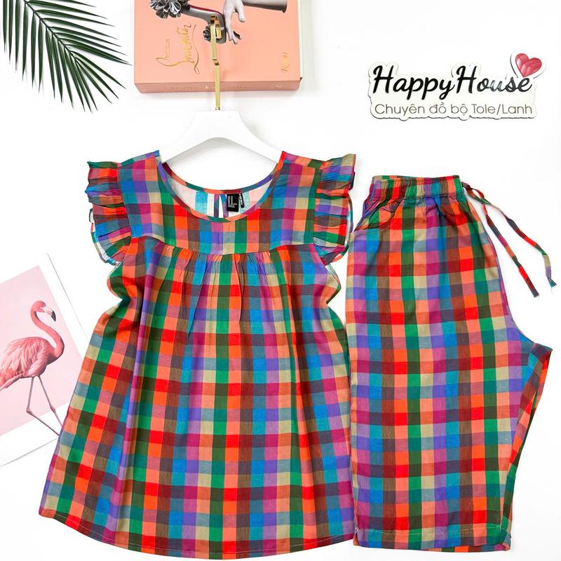 Đồ Bộ Tole Nữ Cánh Tiên Quần Lửng Cổ Tròn Áo Cánh Tiên Họa Tiết Sọc Bi 45-85KG VNXK F21 Cao Cấp - Women