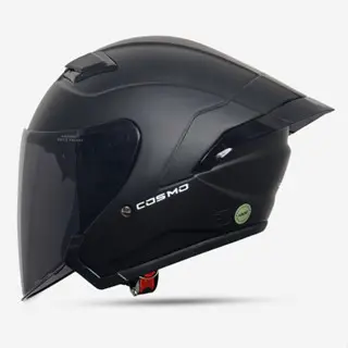helm half face terbaru kekinian HKM COSMO polos black dof kaca visor hitam free spoiler hilm dewasa peria wanita SNI