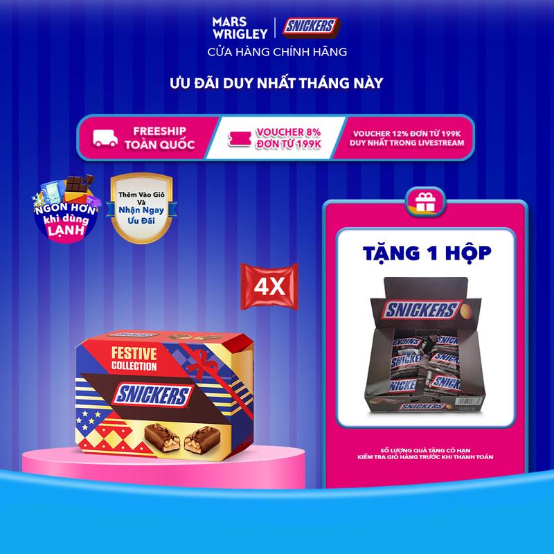 Tặng 1 Hộp Snickers 240g Combo 4 Hộp Kẹo Socola Snickers Funsize 240g 12 thanh x 4 hộp