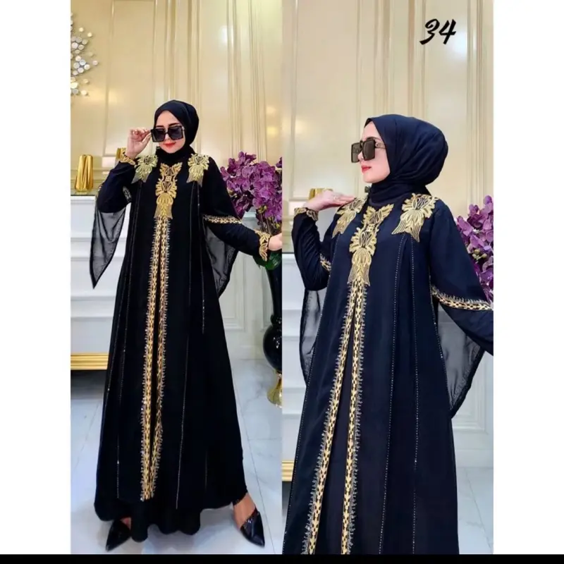 Gamis Hitam Abaya Turkey Mesir Arab Motif Tulip  Muslim Mewah Bordir