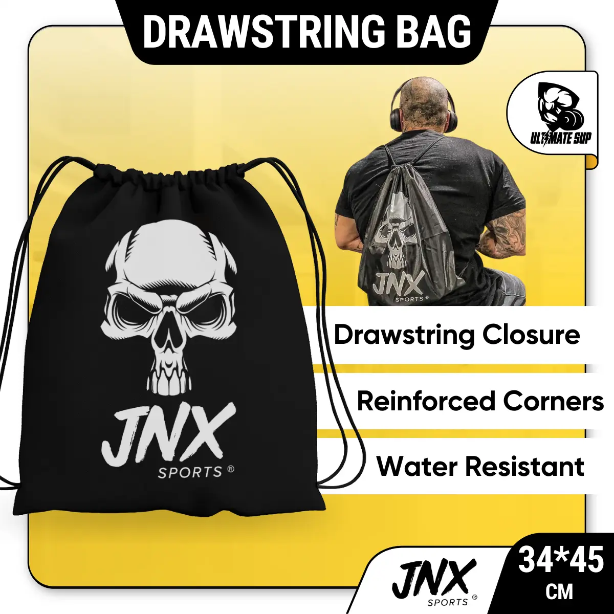 JNX Sports Drawstring Bag, Sporty and Fashionable, Water Resistant, Drawstring Closure, Black, 1pc