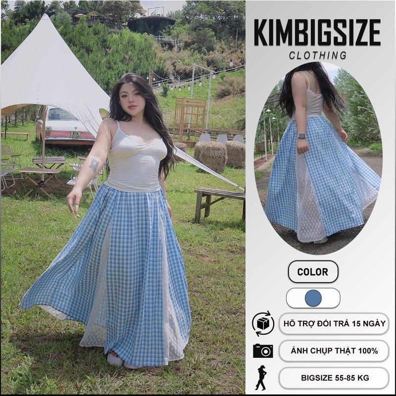 KIMBIGSIZE Chân váy nữ dài form A caro phối ren cao cấp bigsize(55-90kg)