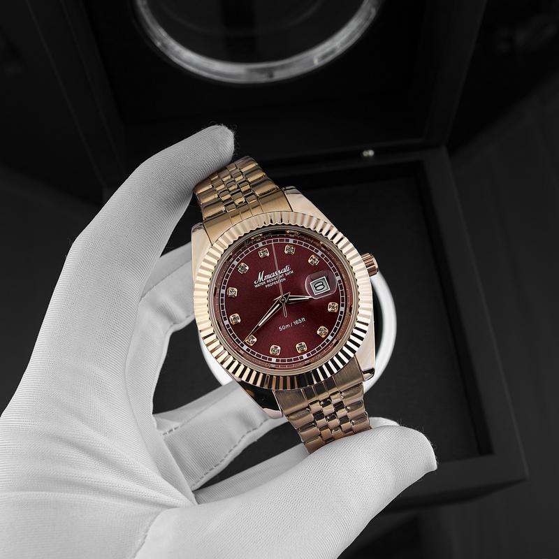 ĐỘC QUYỀN HÙNG LUXURY .VN - N356 - Đồng hồ nam Mmassati dây demi vàng hồng – mặt đỏ ruby viền khía sang trọng đính đá nổi cao cấp – máy pin bền bỉ