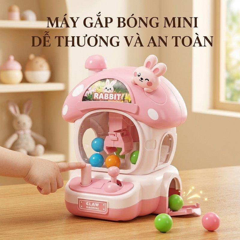 Máy gắp thú mini đồ chơi trẻ em, máy gắp bóng thỏ nấm, có ánh sáng âm nhạc, rèn phối hợp tay mắt, vận động tinh, nhựa ABS an toàn, chơi tại nhà du lịch, quà tặng cho bé, kích thước 10x10x15cm.