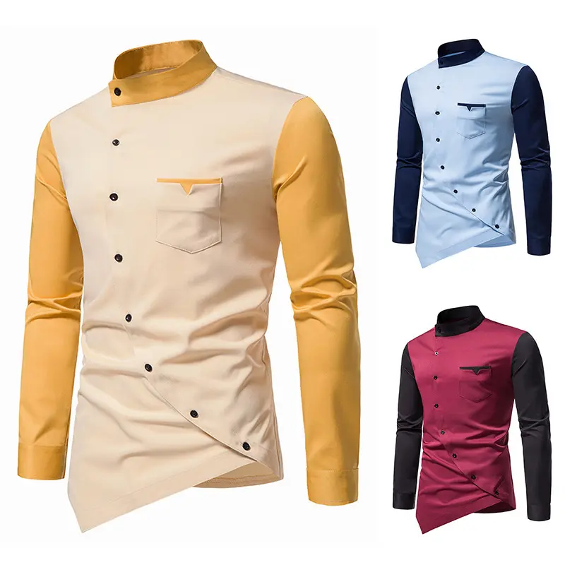 Simts men long sleeve Muslim shirt casual slim fit standing collar irregular colorblocking