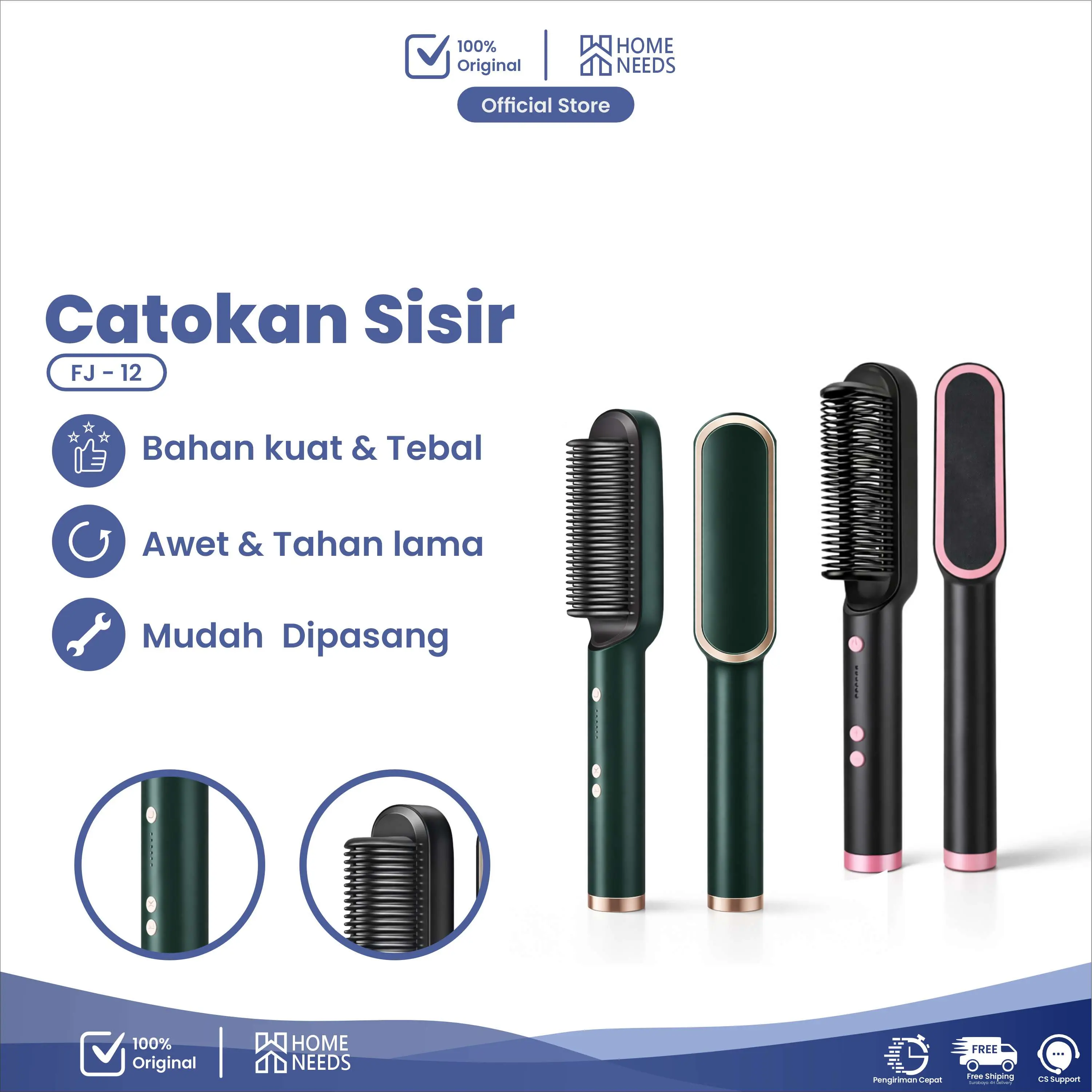 Sisir Serabaguna Pelurus Rambut Otomatis FJ-12 Catok Elektrik Hijau Hitam Catokan Straightener