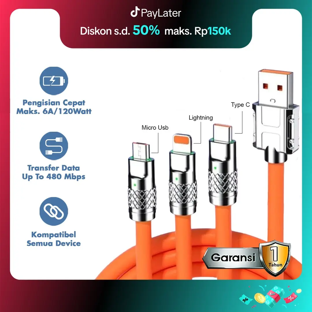 YESPLUS YS-898  Kabel Data 3 IN1 Micro/Type-C/Lighting Kabel 120 Watt Silikon Pengisian Cepat LED Indikator Logam Panjang Ponsel Konektor Charger Cable