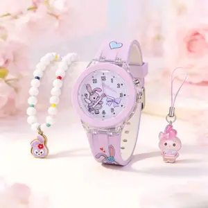Jam Tangan Anak Perempuan Motif Kelinci Warna Ungu dengan Gelang Mutiara dan Gantungan Lucu