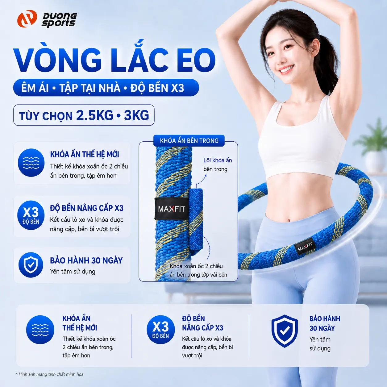 DƯƠNGSPORT Vòng Lắc Eo Lò Xo Cao Cấp D-Lock Kích Thước Linh Hoạt Bọc Vải Mềm Mại Thoáng Khí