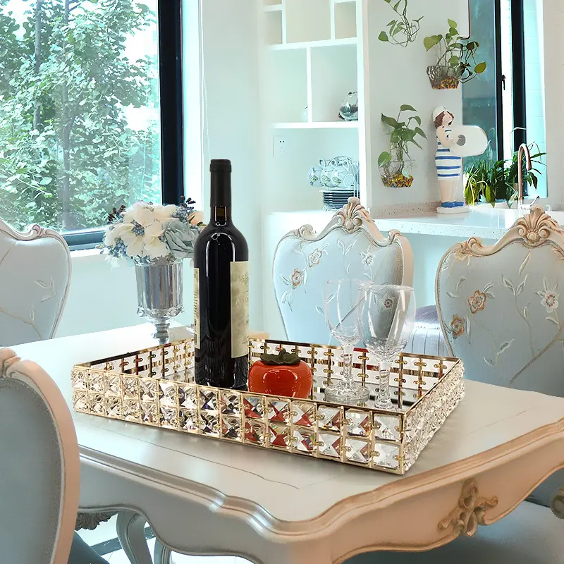 Nampan Kaca Kristal Gold Gagang Diamond Europe Gold Tray / Pajangan Nampan / Dekorasi Home Decoration Kitchenware 3