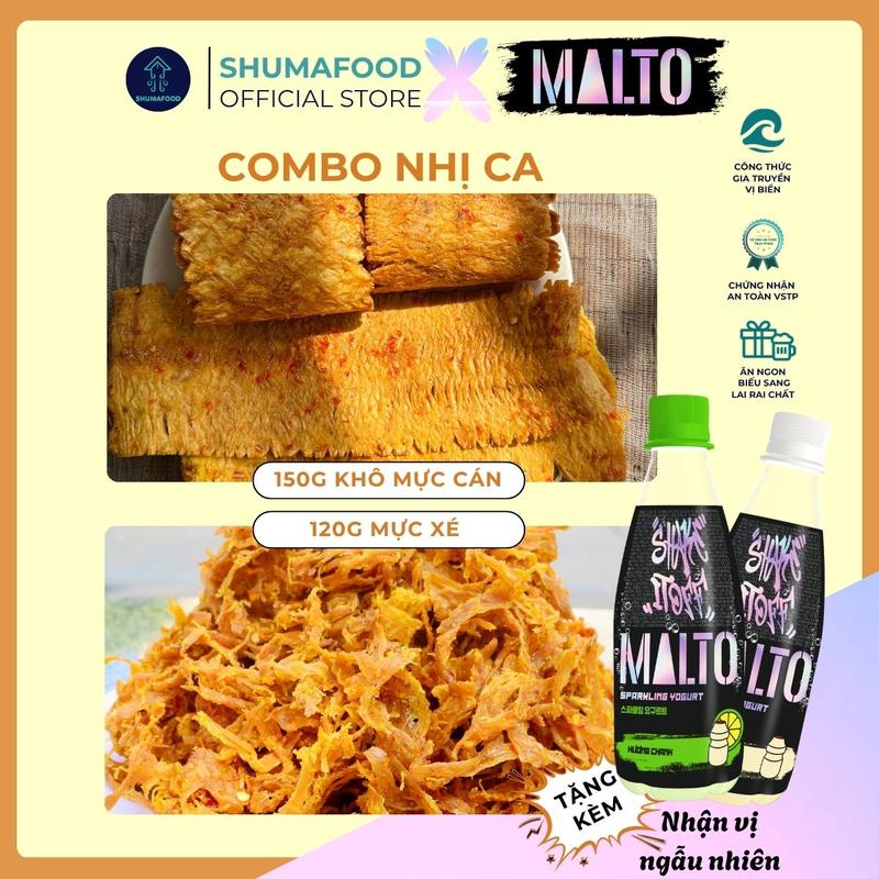Combo Nhị Ca gồm 150g khô mực cán tẩm, 120g khô mực xé sợi chiên giòn thơm ngon, dai dai giòn giòn ShumaFood snack ăn vặt