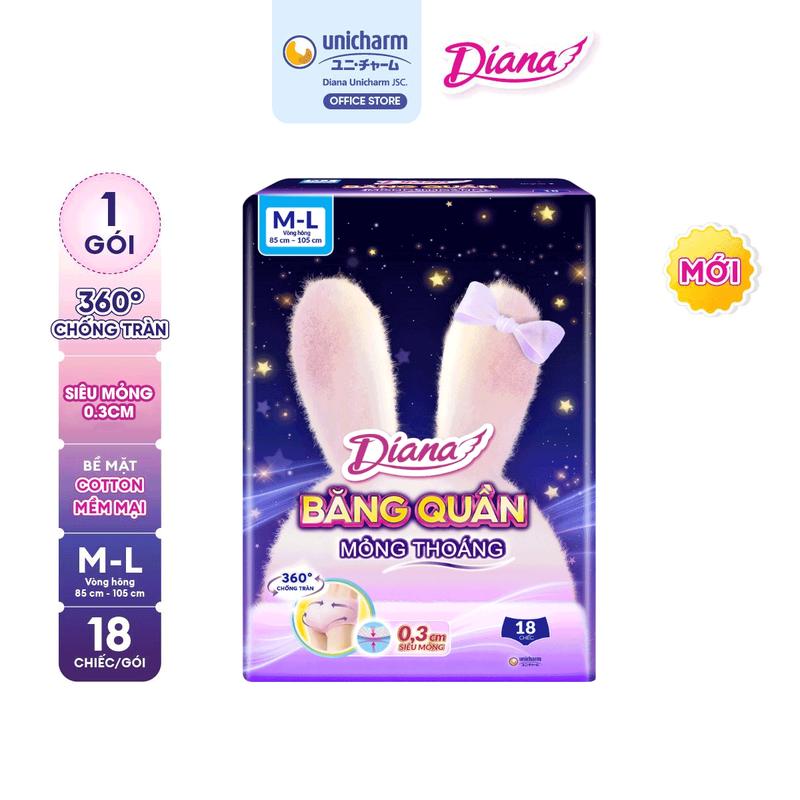 Diana Băng vệ sinh Băng quần Comfy Night Mỏng Thoáng size M-L gói 18 miếng