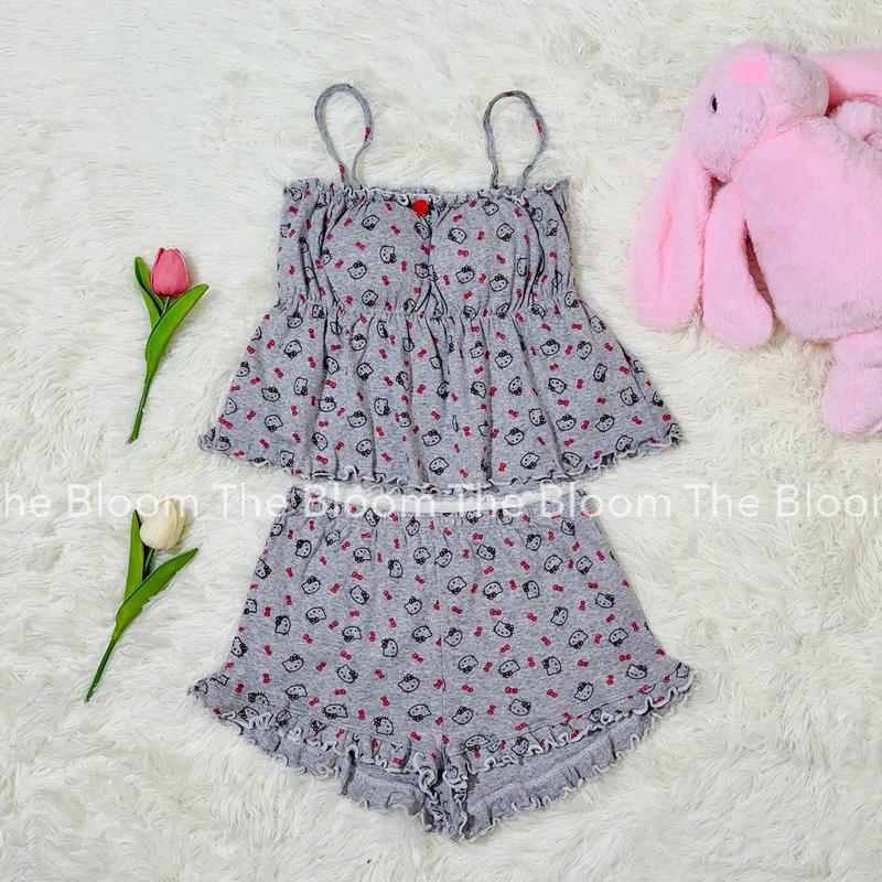 THE BLOOM CÓ MÚT Set Bộ Đồ Ngủ Nữ Babydoll Cúp Ngang Có Sẵn Mút Mềm Và Quần Đùi Ngắn Viền Bèo Chất Cotton Mềm Mịn Bộ Đồ Ngủ Nữ Mùa Hè - SE063