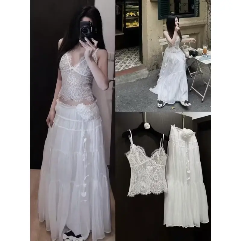Bộ Ren Nữ Áo Bra Hai Dây Mix Chân Váy Trắng Maxi Kèm Dây Hoa Và Áo Hai Dây Viền Ngục Ren Kèm Chân Váy Dài