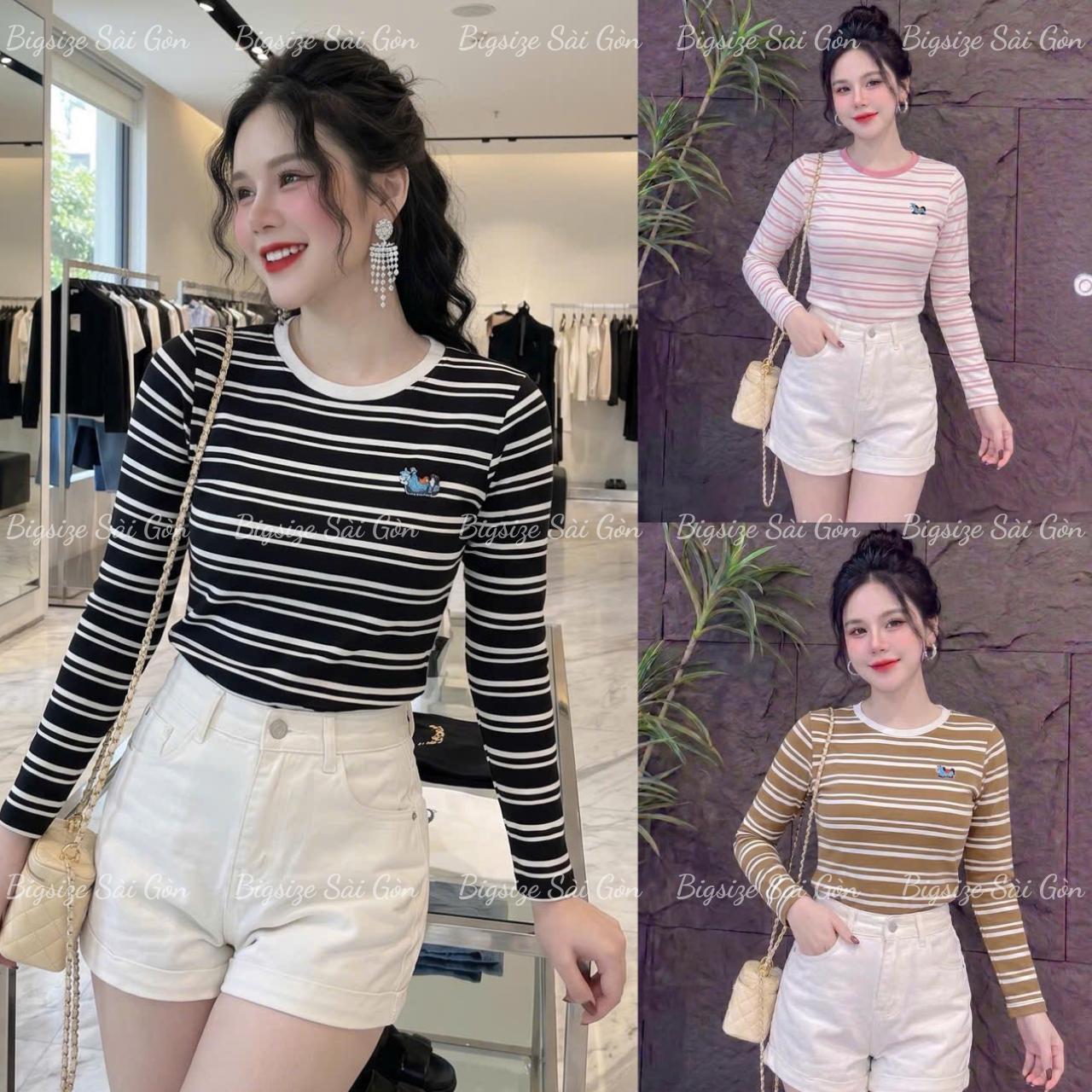 Bigsize Sài Gòn Áo Thun Nữ Tay Dài Thêu Ngựa Basic Vải Thun Cotton Sọc Đôi Cao Cấp Thanh Lịch Bigsize 45–90kg Dễ Thương Nữ Women Top Nhung - B.1814