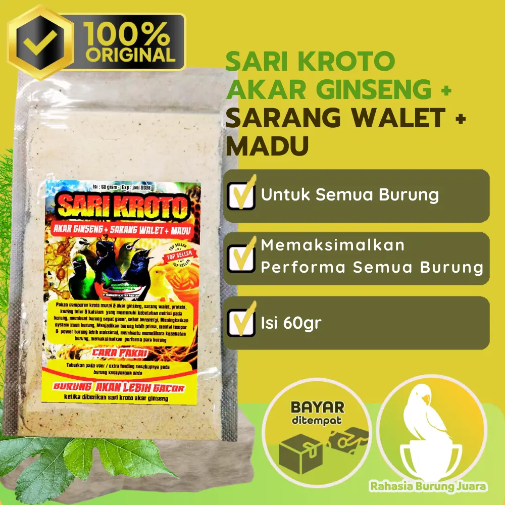 New Sari Kroto Murni Akar Ginseng Plus Sarang Walet Madu Meningkatkan Performa Burung Original