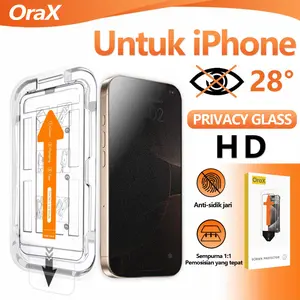 OraX Set pelindung layar kaca tempered yang mudah dipasang untuk iPhone 11, 12, 13, 14, 15, 16, 17 Pro/ProMax 6, 7 Plus. Perlindungan menyeluruh, tahan gores dan debu, kekerasan 9H, penghapusan debu otomatis, dan perlindungan layar komprehensif.