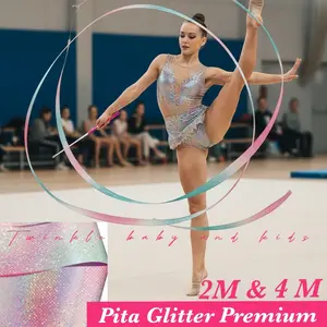 Tongkat pita 4 meter Glitter Berkeditip untuk senam Ritmik Balet Ballet Ribbon Stick